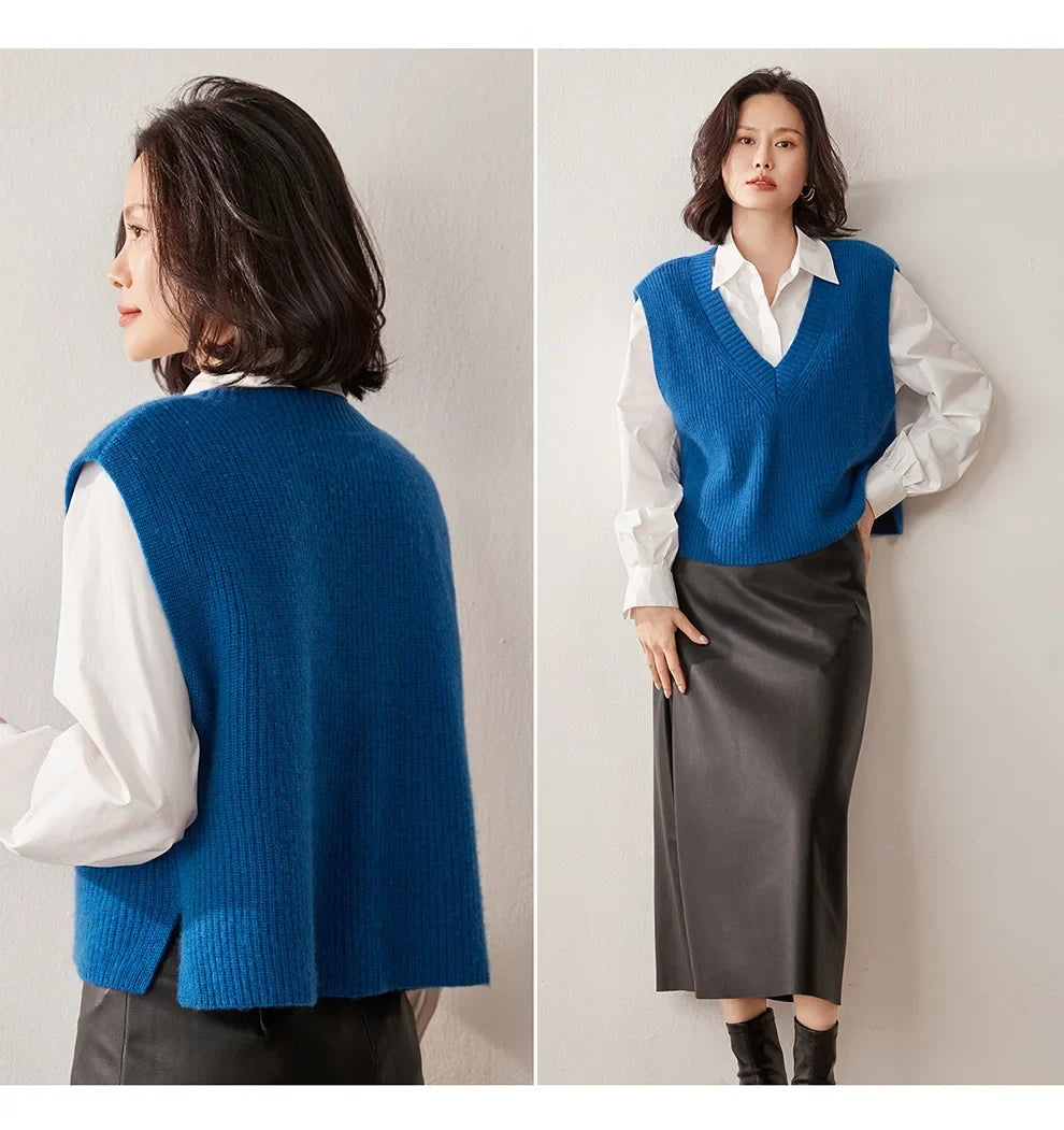 Cashmere ribbed knit sweater vest for women by Christine Brewer, featuring a cozy, stylish design in neutral tones.