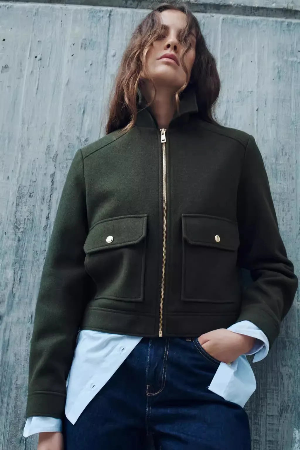 Christine Brewer Isla cropped zip-up utility jacket for women, featuring a fitted design and functional pockets.