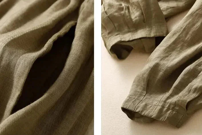 Women’s tapered linen trousers by Christine Brewer featuring loose fit, pull-on style, and lightweight breathable fabric.