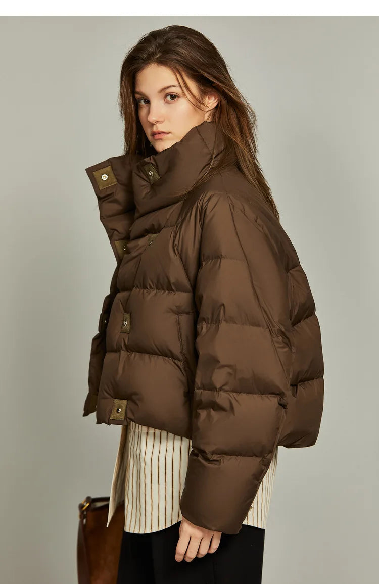 Hannah cropped quilted parka for women by Christine Brewer, shown in a stylish, insulated jacket with a quilted pattern and hood.