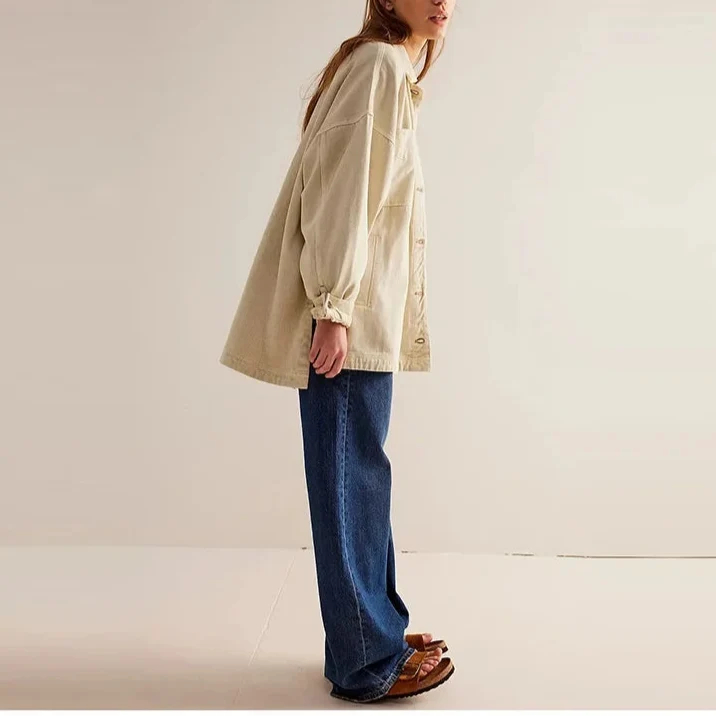 Charlotte oversized denim shirt jacket for women by Christine Brewer, shown in a stylish blue denim fabric.