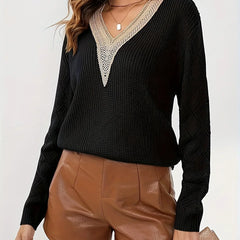 Beige V-neck sweater for women from Christine Brewer's Jenna collection, featuring a soft, cozy knit fabric and a stylish fit.