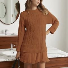 Leslie knit sweater dress for women by Christine Brewer, featuring a cozy, stylish design with ribbed cuffs and a fitted silhouette.