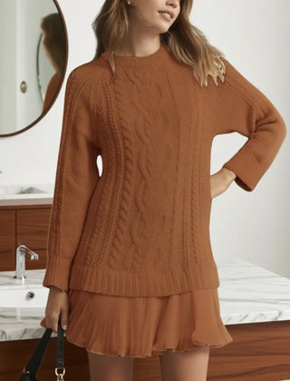 Leslie knit sweater dress for women by Christine Brewer, featuring a cozy, stylish design with ribbed cuffs and a fitted silhouette.