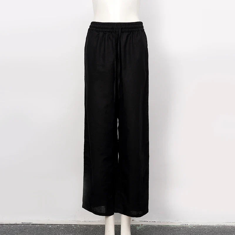 Women’s loose cotton linen wide-leg trousers with drawstring waist by Christine Brewer, pull-on style, casual and comfortable fit.