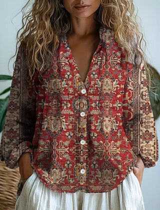 Amelia graphic blouse for women by Christine Brewer, featuring a stylish, patterned top with a comfortable fit and vibrant design.
