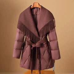 Christine Brewer Stella belted quilted puffer jacket for women, featuring a stylish quilted design and adjustable waist belt.