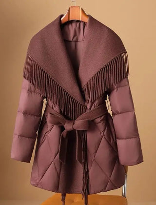 Christine Brewer Stella belted quilted puffer jacket for women, featuring a stylish quilted design and adjustable waist belt.