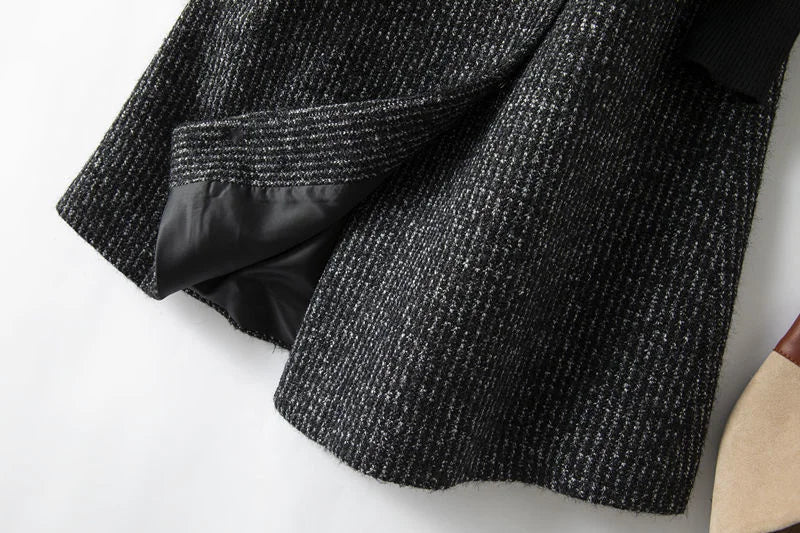 Longline belted tweed coat for women by Christine Brewer, featuring a stylish design and textured fabric.
