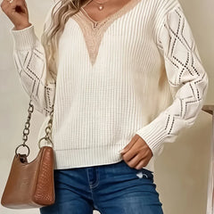 Beige v-neck sweater for women from Christine Brewer's Jenna collection, featuring a soft knit fabric and classic fit.