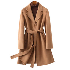 Olivia long belted wool coat for women by Christine Brewer, shown in a stylish, tailored design with a belt and classic collar.