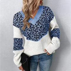 V-Neck Leopard Print Sweater for Women by Christine Brewer, featuring a stylish leopard pattern and cozy knit fabric.