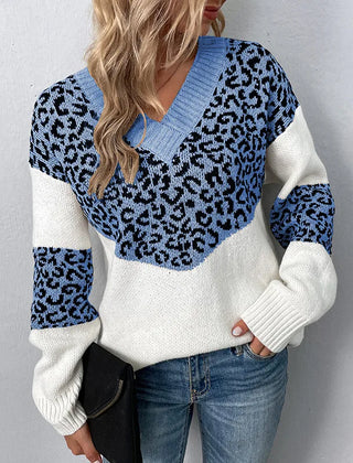 V-Neck Leopard Print Sweater for Women by Christine Brewer, featuring a stylish leopard pattern and cozy knit fabric.