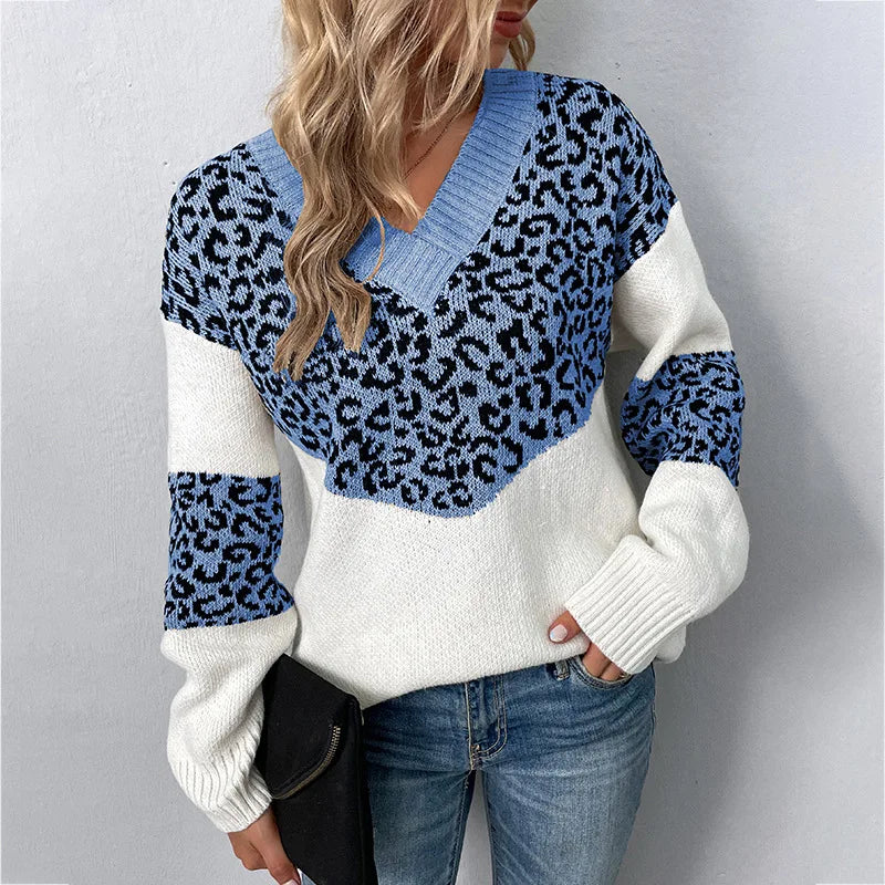 V-Neck Leopard Print Sweater for Women by Christine Brewer, featuring a stylish leopard pattern and cozy knit fabric.