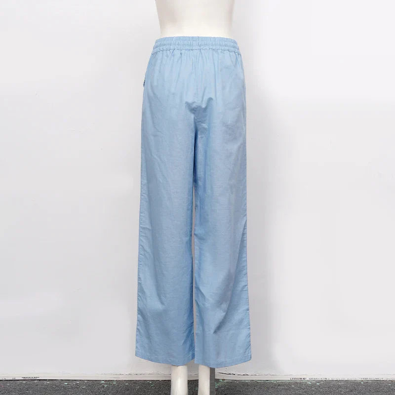 Women’s cotton linen wide-leg drawstring trousers by Christine Brewer, loose pull-on pants with relaxed fit and comfortable style.