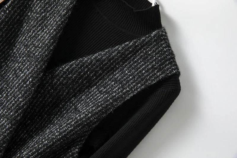 Women’s longline tweed coat with belt by Christine Brewer, featuring a stylish, textured design and classic collar.