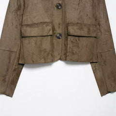 Faux suede Hazel cropped jacket for women by Christine Brewer, shown in a stylish, fitted design with long sleeves and a collar.