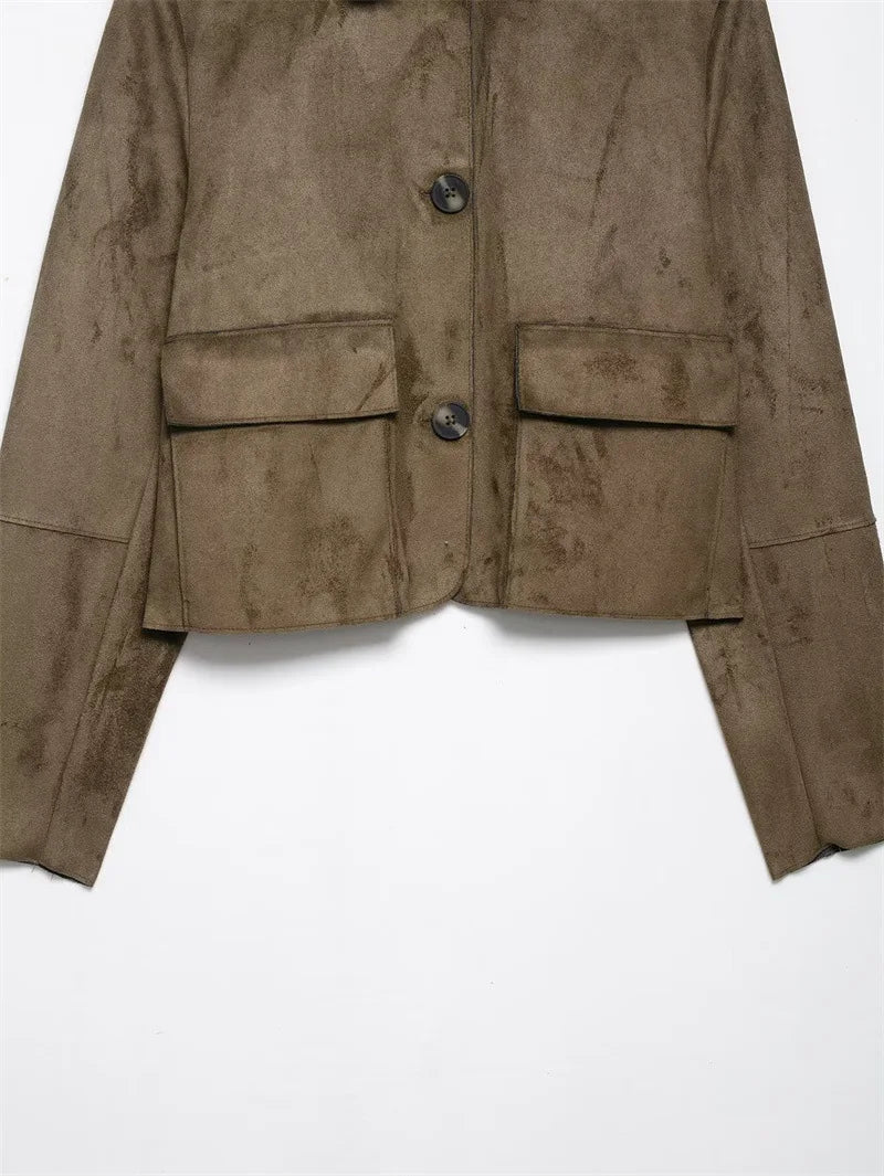 Faux suede Hazel cropped jacket for women by Christine Brewer, shown in a stylish, fitted design with long sleeves and a collar.