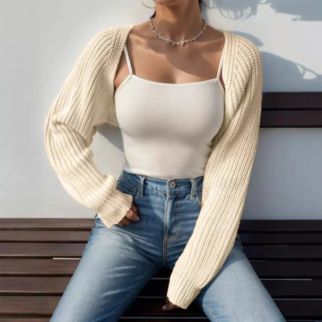 Lola | Cropped Cardigan Knit Shrug Bolero Ribbed Knit Raglan Sleeve Open Front Loose Fit
