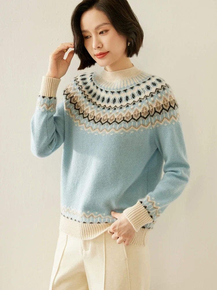 Cream-colored Christine Brewer Jolene cashmere mock neck sweater for women, featuring a cozy, fitted design and ribbed collar.