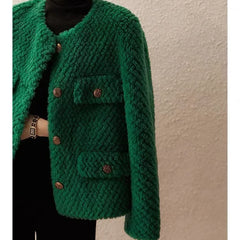 Velvet short jacket for women by Christine Brewer, featuring a stylish Aria design with a sleek fit and elegant texture.