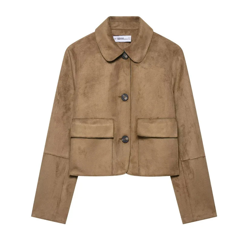 Faux suede cropped jacket for women by Christine Brewer, Hazel style, shown in a natural pose with a stylish collar and fitted design.