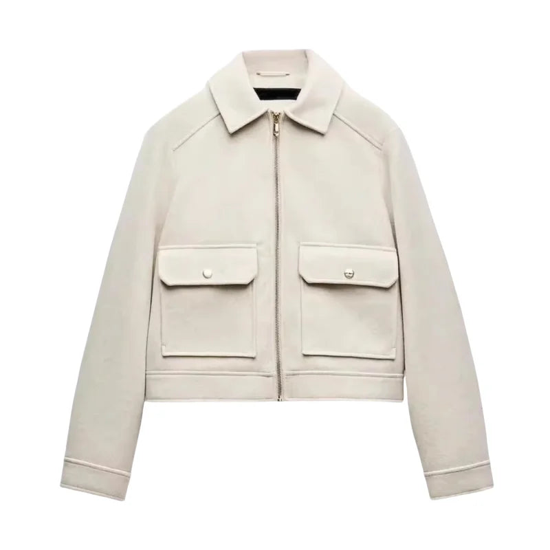 Isla cropped zip-up utility jacket for women by Christine Brewer, featuring multiple pockets and a modern, stylish design.