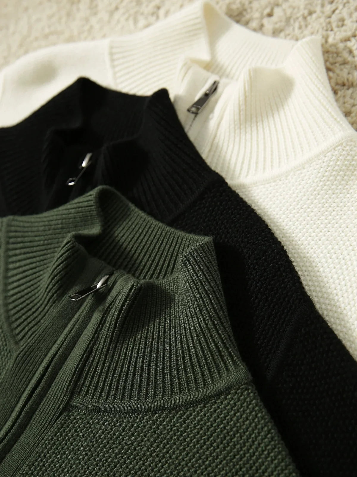Women's wool zip-up cardigan by Christine Brewer, featuring a classic jean-style design in a cozy, stylish fit.
