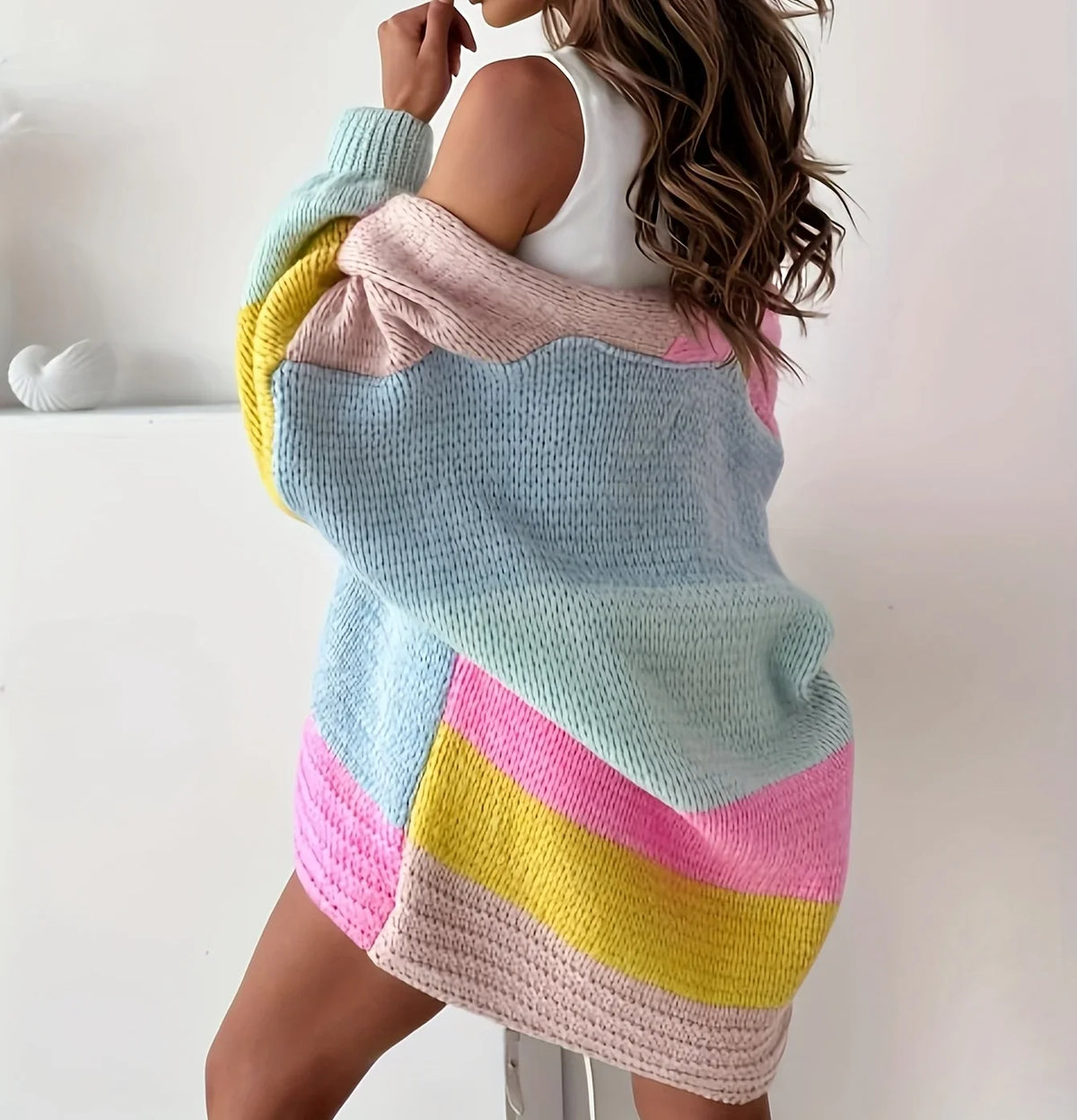 Nola | Knit Cardigan Sweater Color Block Patchwork Oversized Button Front V-Neck Women Winter Long