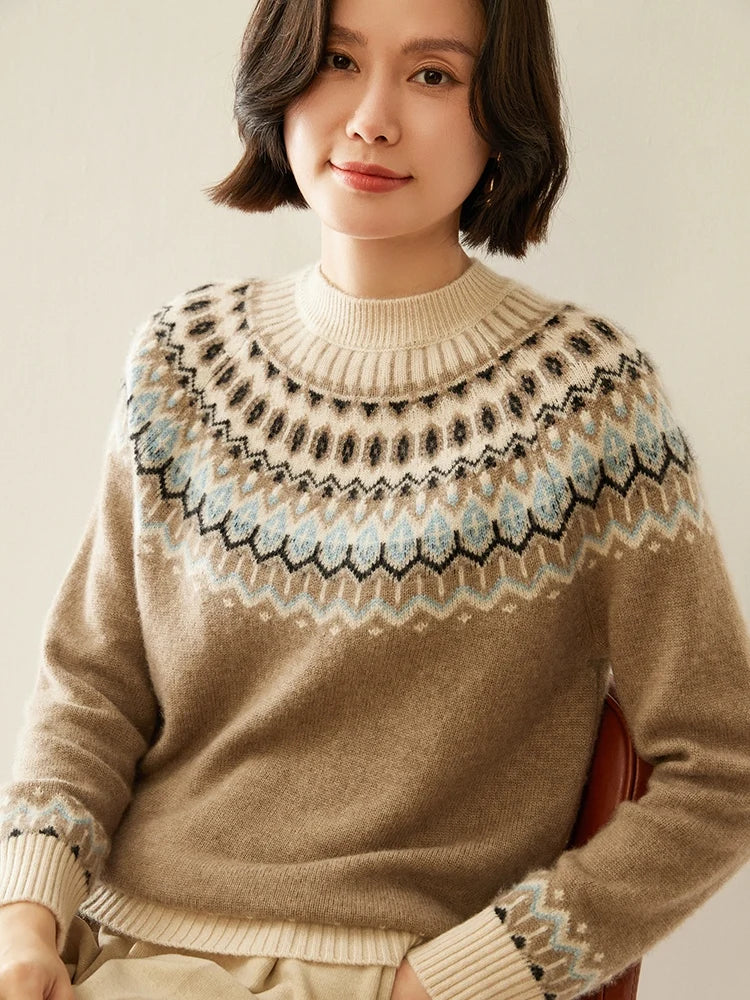 Cream-colored Christine Brewer Jolene cashmere mock neck sweater for women, featuring a cozy, fitted design and ribbed cuffs.