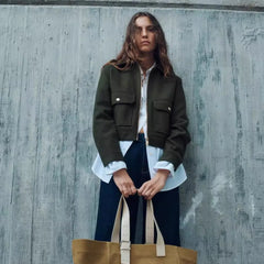 Women’s Isla cropped zip-up utility jacket by Christine Brewer, featuring a stylish, functional design with multiple pockets.