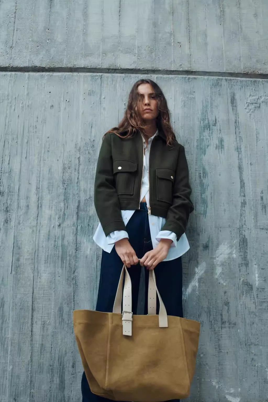 Women’s Isla cropped zip-up utility jacket by Christine Brewer, featuring a stylish, functional design with multiple pockets.