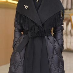 Christine Brewer Stella belted quilted puffer jacket for women, showcasing a stylish, insulated winter coat with a belt and quilted design.