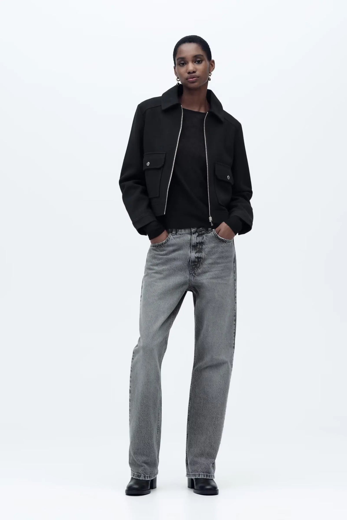 Christine Brewer Isla cropped zip-up utility jacket for women, showing the stylish olive green jacket with front pockets and adjustable waist.