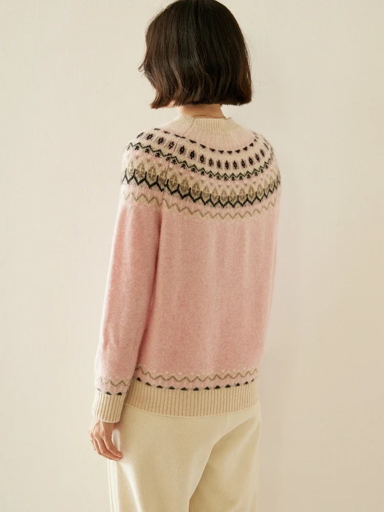 Christine Brewer Jolene cashmere mock neck sweater for women, soft beige knit with ribbed collar and long sleeves.