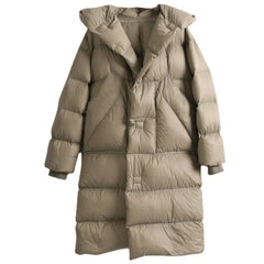 Long belted puffer jacket for women by Christine Brewer, featuring a stylish design and quilted insulation in a versatile color.
