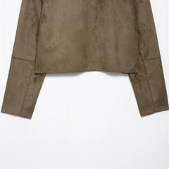 Hazel faux suede cropped jacket for women by Christine Brewer, shown in a stylish design with a soft, textured suede finish.