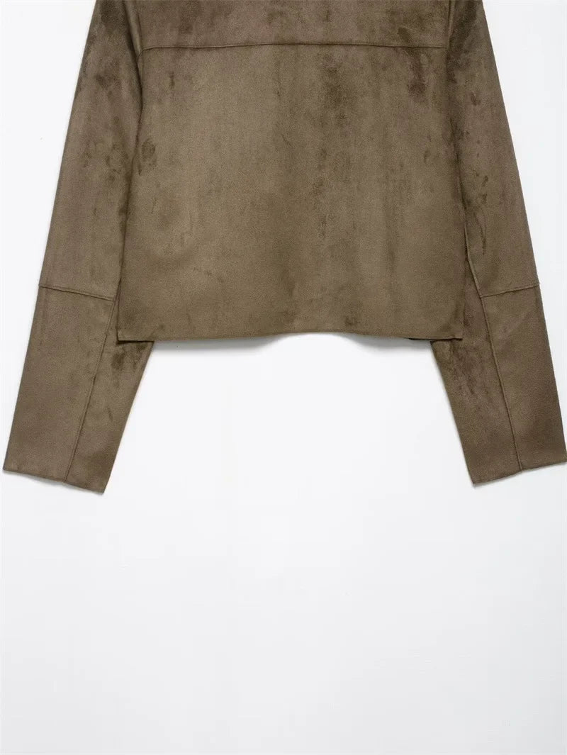 Hazel faux suede cropped jacket for women by Christine Brewer, shown in a stylish design with a soft, textured suede finish.
