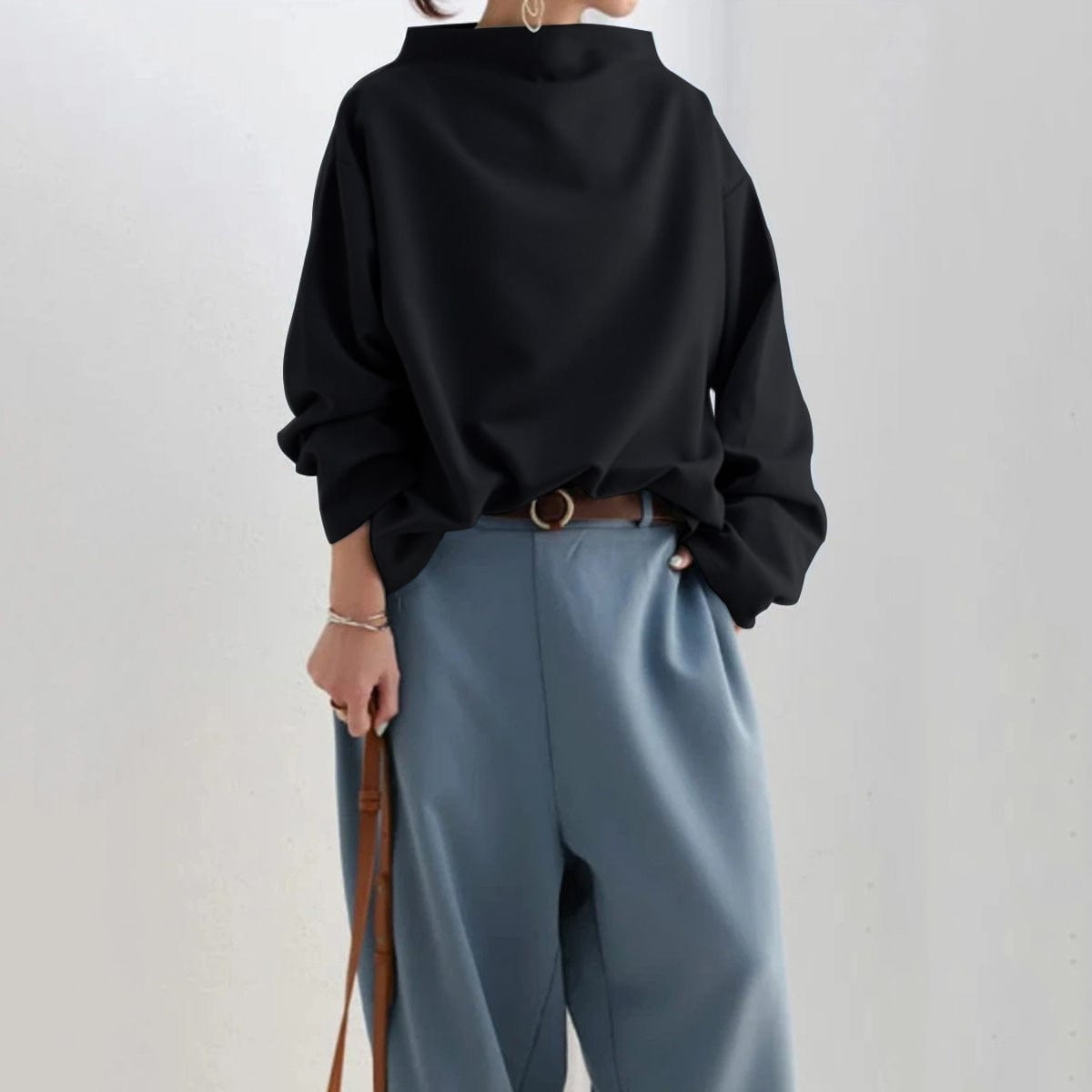 Christine Brewer Isabella soft knit high neck top in a versatile, sophisticated design, shown in a close-up of the fabric and fit.