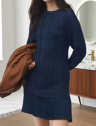 Leslie knit sweater dress for women by Christine Brewer, featuring a cozy, stylish design in soft fabric, shown on a model.