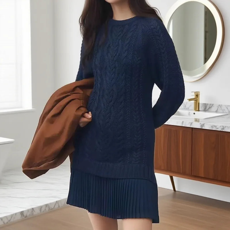 Leslie knit sweater dress for women by Christine Brewer, featuring a cozy, stylish design in soft fabric, shown on a model.