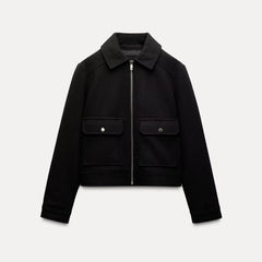 Christine Brewer Isla cropped zip-up utility jacket for women, shown in dark green with multiple pockets and a fitted style.