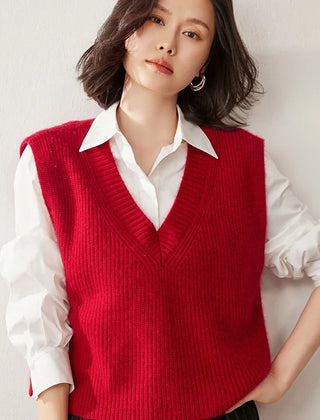 Cashmere ribbed knit sweater vest for women by Christine Brewer, featuring a cozy fit and classic design in neutral tones.