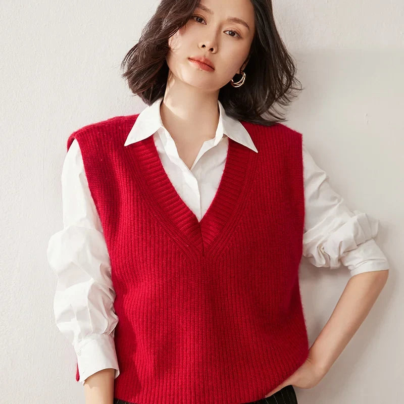 Cashmere ribbed knit sweater vest for women by Christine Brewer, featuring a cozy fit and classic design in neutral tones.