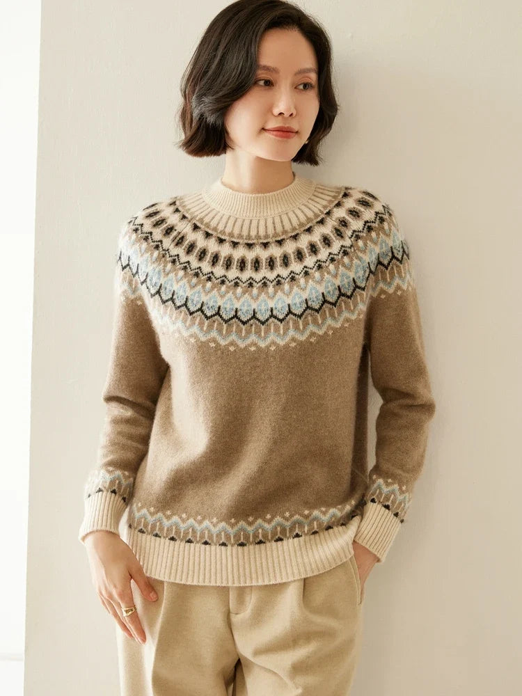 Cream-colored Christine Brewer Jolene cashmere mock neck sweater for women, featuring a cozy, soft knit and stylish fit.