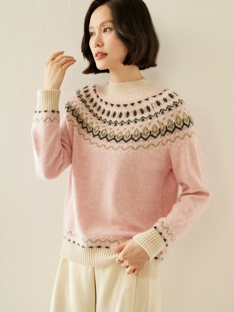 Christine Brewer Jolene cashmere mock neck sweater for women, soft beige knit with ribbed collar and long sleeves.