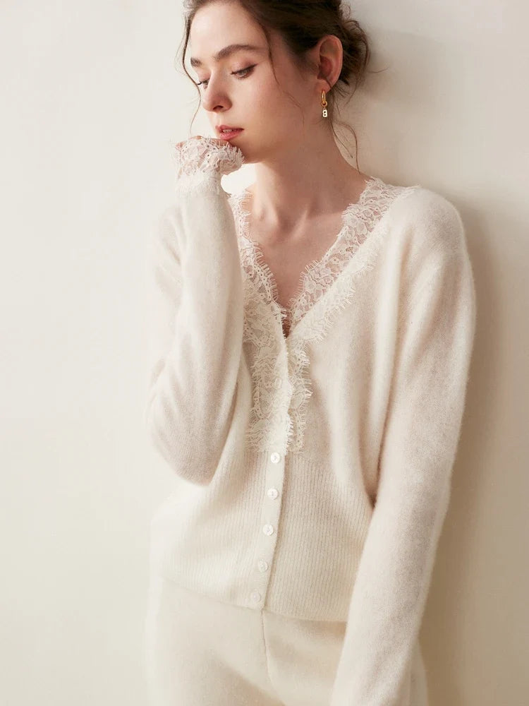 Elsa cashmere cardigan for women by Christine Brewer, shown in soft beige with a relaxed fit and cozy knit texture.