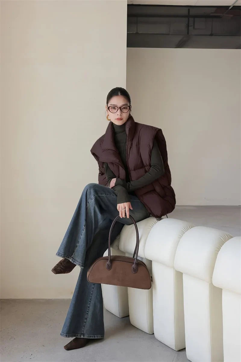Christine Brewer Layla cropped puffer vest for women, lightweight quilted vest with stand collar and stylish design.