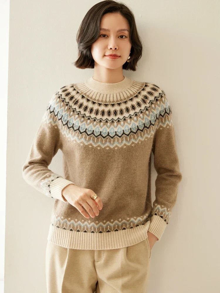 Christine Brewer Jolene cashmere mock neck sweater for women, soft beige knit, close-up of fabric and neckline detail.