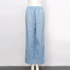 Women’s cotton linen wide-leg drawstring trousers by Christine Brewer, loose pull-on pants with relaxed fit and comfortable style.